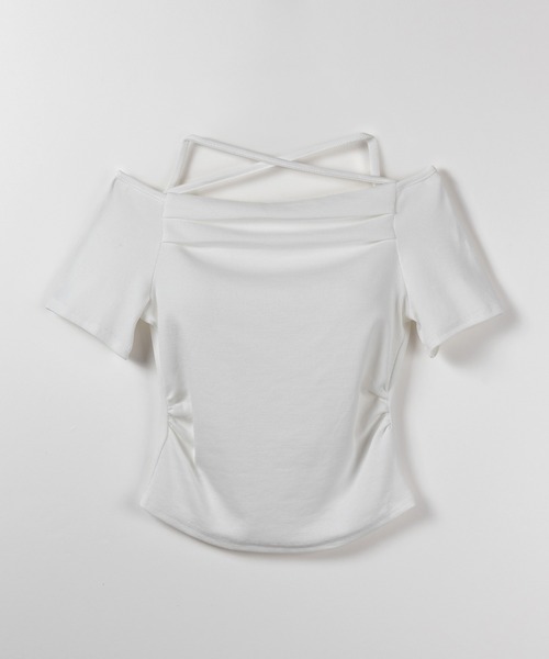 me+em select(ミームセレクト)の「【 3WAY 】クロスストラップオフショルリブTシャツ / cross strap off-shoulder rib Tee(Tシャツ/カットソー・レディース・ホワイト/ブラック・FREE)」の9枚目の写真