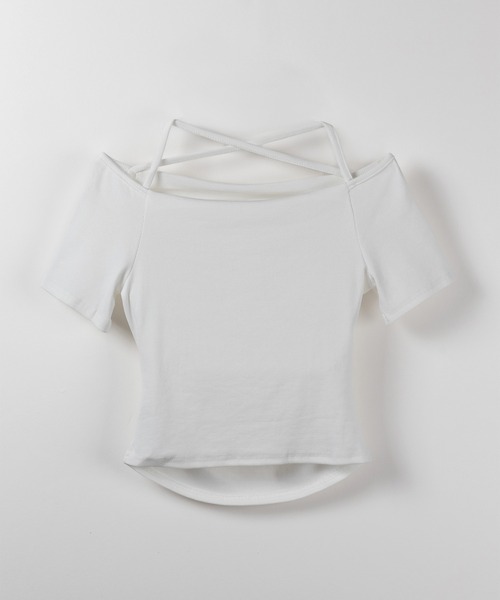 me+em select(ミームセレクト)の「【 3WAY 】クロスストラップオフショルリブTシャツ / cross strap off-shoulder rib Tee(Tシャツ/カットソー・レディース・ホワイト/ブラック・FREE)」の11枚目の写真