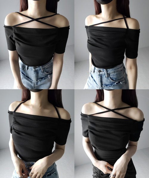 me+em select(ミームセレクト)の「【 3WAY 】クロスストラップオフショルリブTシャツ / cross strap off-shoulder rib Tee(Tシャツ/カットソー・レディース・ホワイト/ブラック・FREE)」の4枚目の写真