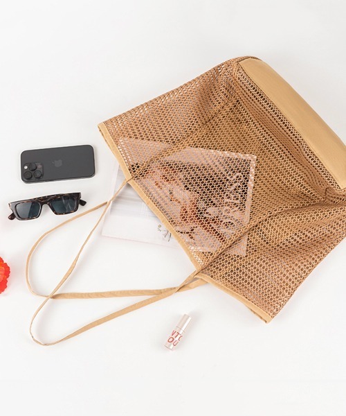 Pochi Pouch（ポチポーチ）の「Pochi Pouch/大容量 メッシュ バッグ トラベル ビーチ トートバッグ（トートバッグ・レディース・ブラック/アイボリー/ベージュ・FREE）」の7枚目の写真