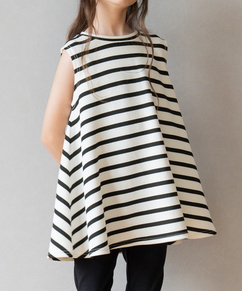 セール】キッズ 親子お揃いエンボス加工ボーダーノースリチュニック