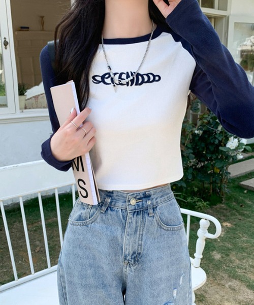 lilful（リルフル）の「フロント刺繍 ショート ラグランロンT（Tシャツ/カットソー・レディース・ブラック/ネイビー/ブラウン・M/S）」の8枚目の写真