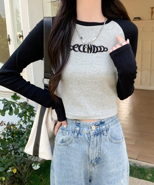 lilful（リルフル）の「フロント刺繍 ショート ラグランロンT（Tシャツ/カットソー・レディース・ブラック/ネイビー/ブラウン・M/S）」の6枚目の写真