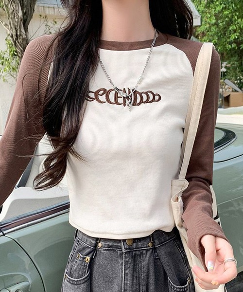 lilful（リルフル）の「フロント刺繍 ショート ラグランロンT（Tシャツ/カットソー・レディース・ブラック/ネイビー/ブラウン・M/S）」の4枚目の写真