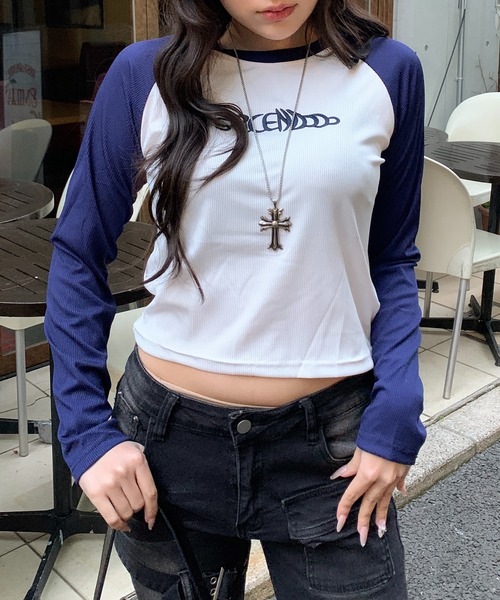 lilful（リルフル）の「フロント刺繍 ショート ラグランロンT（Tシャツ/カットソー・レディース・ブラック/ネイビー/ブラウン・M/S）」の21枚目の写真