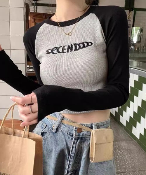 lilful（リルフル）の「フロント刺繍 ショート ラグランロンT（Tシャツ/カットソー・レディース・ブラック/ネイビー/ブラウン・M/S）」の15枚目の写真