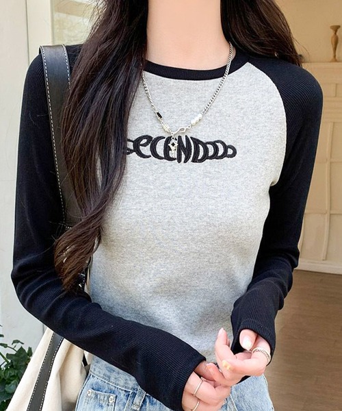 lilful（リルフル）の「フロント刺繍 ショート ラグランロンT（Tシャツ/カットソー・レディース・ブラック/ネイビー/ブラウン・M/S）」の14枚目の写真