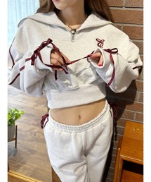 EVRIS | リボンスリーブハーフZIPショートスウェットトップス【セットアップ着用可能】(スウェット)