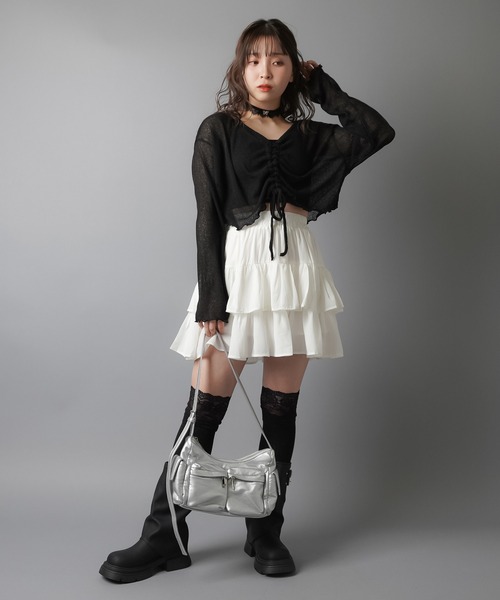 SPINNS(スピンズ)の「【軽やかな素材で、ふんわり可愛い♪】フリルティアードミニスカート / インナーパンツ付き(スカート・レディース・ブラック/ホワイト/ベージュ/サックスブルー・ONESIZE)」の8枚目の写真