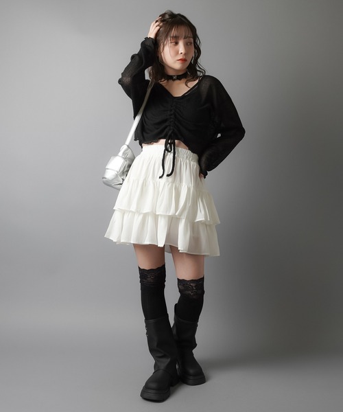 SPINNS(スピンズ)の「【軽やかな素材で、ふんわり可愛い♪】フリルティアードミニスカート / インナーパンツ付き(スカート・レディース・ブラック/ホワイト/ベージュ/サックスブルー・ONESIZE)」の10枚目の写真