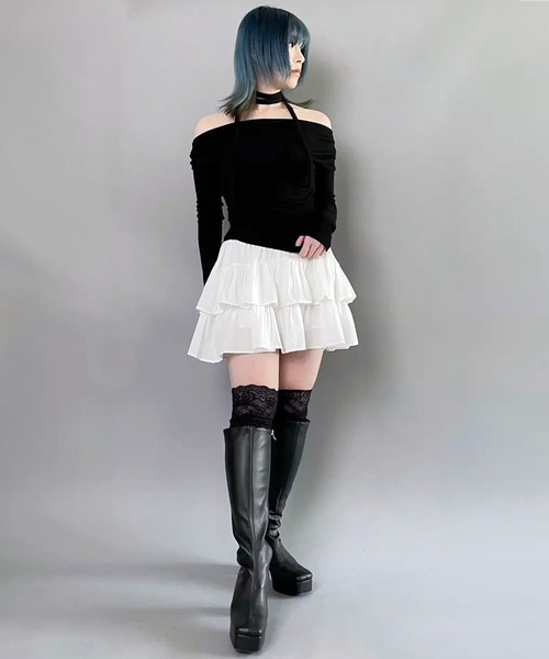 SPINNS(スピンズ)の「【軽やかな素材で、ふんわり可愛い♪】フリルティアードミニスカート / インナーパンツ付き(スカート・レディース・ブラック/ホワイト/ベージュ/サックスブルー・ONESIZE)」の12枚目の写真