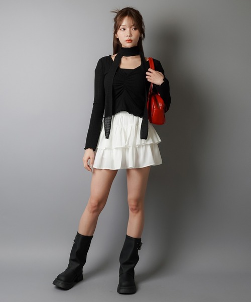 SPINNS(スピンズ)の「【軽やかな素材で、ふんわり可愛い♪】フリルティアードミニスカート / インナーパンツ付き(スカート・レディース・ブラック/ホワイト/ベージュ/サックスブルー・ONESIZE)」の14枚目の写真