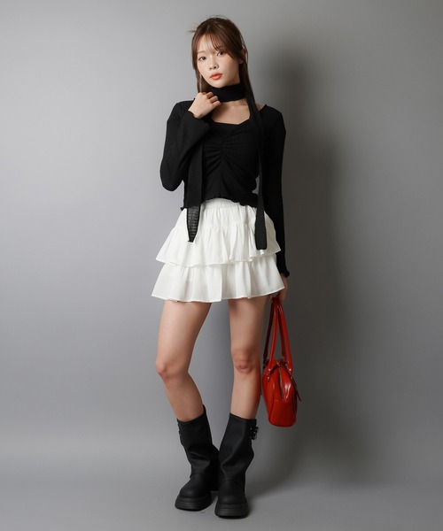 SPINNS(スピンズ)の「【軽やかな素材で、ふんわり可愛い♪】フリルティアードミニスカート / インナーパンツ付き(スカート・レディース・ブラック/ホワイト/ベージュ/サックスブルー・ONESIZE)」の15枚目の写真