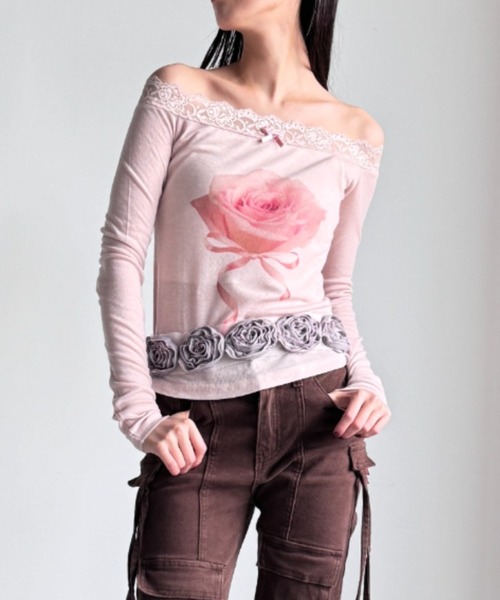 Y2K SYNAPSE FACTORY（ワイツーケー シナプスファクトリー）の「【scent of roses】レースオフショルダーインナーTシャツ（Tシャツ/カットソー・レディース・グレー/ピンク/アイボリー・FREE）」の16枚目の写真