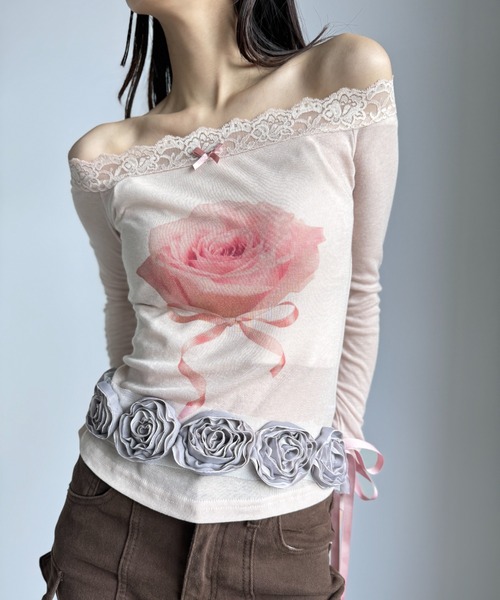 Y2K SYNAPSE FACTORY（ワイツーケー シナプスファクトリー）の「【scent of roses】レースオフショルダーインナーTシャツ（Tシャツ/カットソー・レディース・グレー/ピンク/アイボリー・FREE）」の10枚目の写真