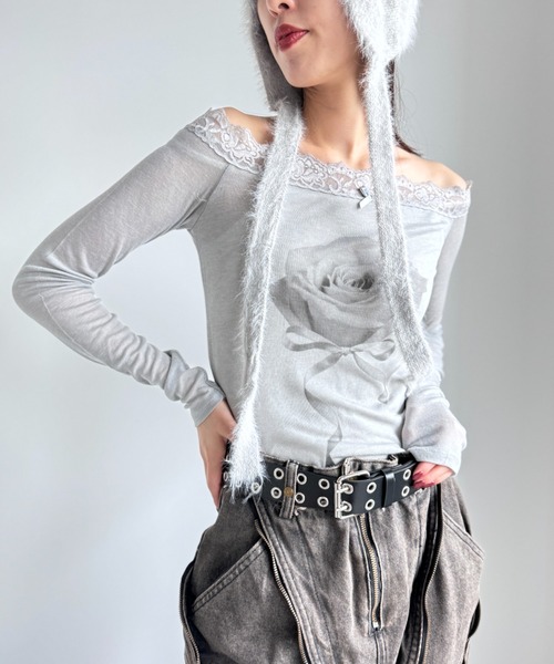 Y2K SYNAPSE FACTORY（ワイツーケー シナプスファクトリー）の「【scent of roses】レースオフショルダーインナーTシャツ（Tシャツ/カットソー・レディース・グレー/ピンク/アイボリー・FREE）」の21枚目の写真