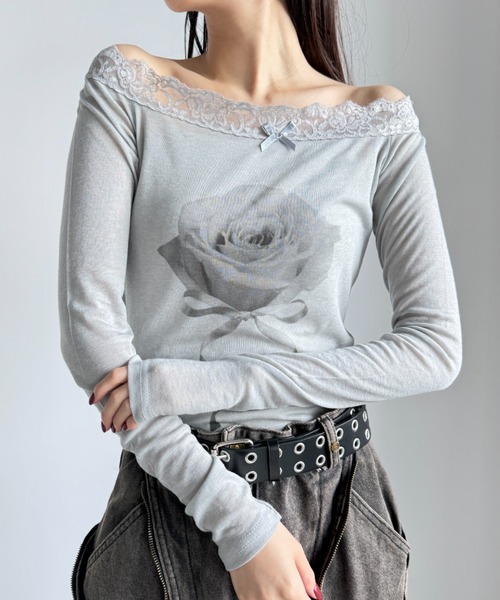 Y2K SYNAPSE FACTORY（ワイツーケー シナプスファクトリー）の「【scent of roses】レースオフショルダーインナーTシャツ（Tシャツ/カットソー・レディース・グレー/ピンク/アイボリー・FREE）」の20枚目の写真