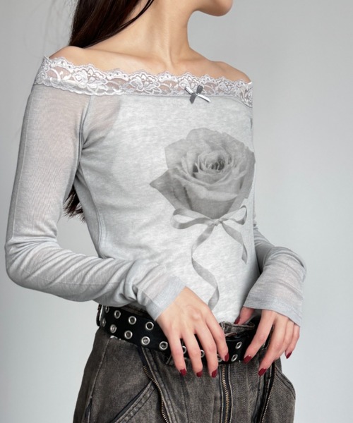 Y2K SYNAPSE FACTORY（ワイツーケー シナプスファクトリー）の「【scent of roses】レースオフショルダーインナーTシャツ（Tシャツ/カットソー・レディース・グレー/ピンク/アイボリー・FREE）」の13枚目の写真