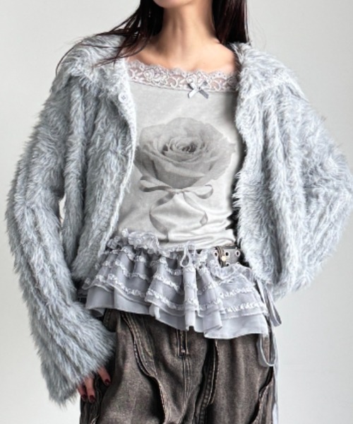 Y2K SYNAPSE FACTORY（ワイツーケー シナプスファクトリー）の「【scent of roses】レースオフショルダーインナーTシャツ（Tシャツ/カットソー・レディース・グレー/ピンク/アイボリー・FREE）」の7枚目の写真