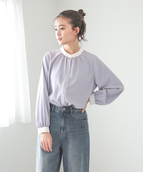 GLOBAL WORK(グローバルワーク)の「お手入れらくらくパイピングブラウス/133611(シャツ/ブラウス・レディース・グレイッシュベージュ/ラベンダー/オフホワイト/ホワイト系その他/グレイッシュブルー・MEDIUM/LARGE/SMALL/X-LARGE)」の5枚目の写真