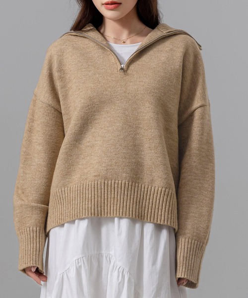 DAY CLOSET（デイ クローゼット）の「レディース 長袖2WAYハーフジップ/ハイネックリブニットトップス（ニット/セーター・レディース・ベージュ/ホワイト/ブラウン/ブラック/グレー・FREE）」の5枚目の写真