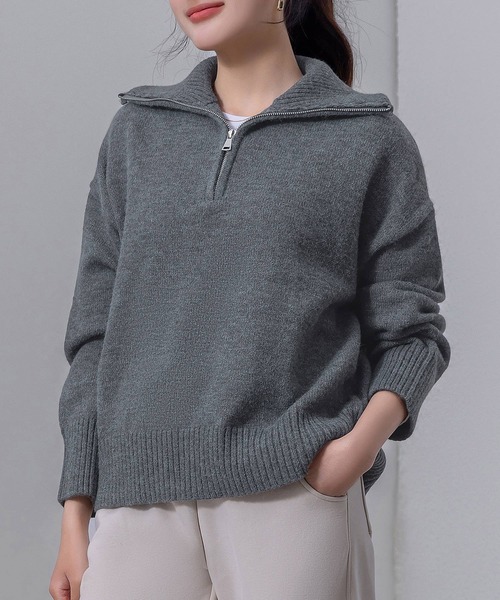 DAY CLOSET（デイ クローゼット）の「レディース 長袖2WAYハーフジップ/ハイネックリブニットトップス（ニット/セーター・レディース・ベージュ/ホワイト/ブラウン/ブラック/グレー・FREE）」の3枚目の写真