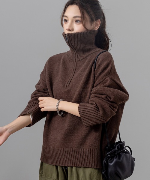 DAY CLOSET（デイ クローゼット）の「レディース 長袖2WAYハーフジップ/ハイネックリブニットトップス（ニット/セーター・レディース・ベージュ/ホワイト/ブラウン/ブラック/グレー・FREE）」の20枚目の写真