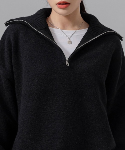 セール】レディース 長袖2WAYハーフジップ/ハイネックリブニット