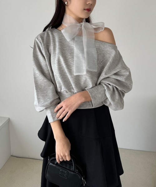 one after another NICE CLAUP（ワンアフターアナザーナイスクラップ）の「リボン付きワンショルトップス（Tシャツ/カットソー・レディース・イエロー/ネイビー/杢グレー/アイボリー/ベージュ・FREE）」の16枚目の写真