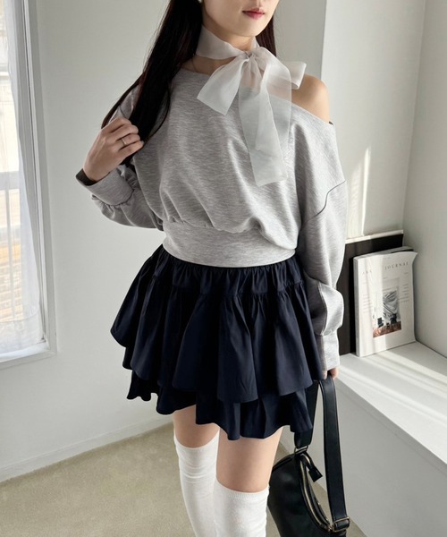 one after another NICE CLAUP（ワンアフターアナザーナイスクラップ）の「リボン付きワンショルトップス（Tシャツ/カットソー・レディース・イエロー/ネイビー/杢グレー/アイボリー/ベージュ・FREE）」の15枚目の写真