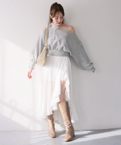 one after another NICE CLAUP（ワンアフターアナザーナイスクラップ）の「リボン付きワンショルトップス（Tシャツ/カットソー・レディース・イエロー/ネイビー/杢グレー/アイボリー/ベージュ・FREE）」の19枚目の写真