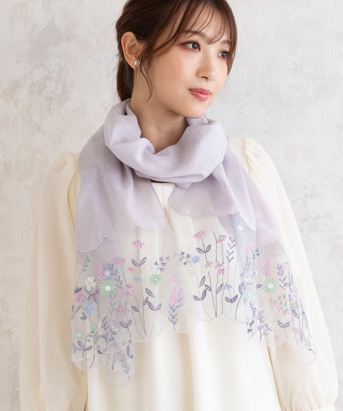ローズティアラ　オーガンジー切替刺繍ストール　グリーン ローズティアラ RoseTiara オーガンジー切替刺繍ストール