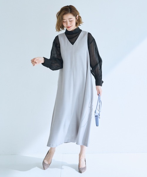 SMILE LAND（スマイルランド）の「＜大きいサイズ＞VネックAラインジャンパースカート【OtonaSMILE】（ジャンパースカート・レディース・ライトグレー/ネイビー・L/LL/3L/4L/5L）」の7枚目の写真