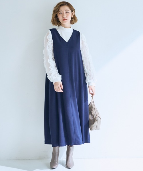 SMILE LAND（スマイルランド）の「＜大きいサイズ＞VネックAラインジャンパースカート【OtonaSMILE】（ジャンパースカート・レディース・ライトグレー/ネイビー・L/LL/3L/4L/5L）」の8枚目の写真