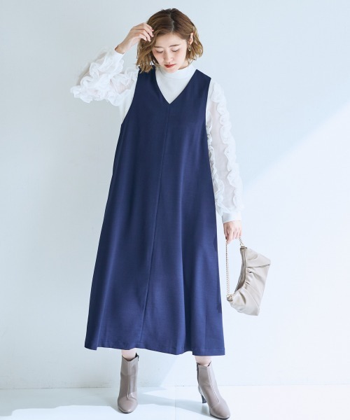 SMILE LAND（スマイルランド）の「＜大きいサイズ＞VネックAラインジャンパースカート【OtonaSMILE】（ジャンパースカート・レディース・ライトグレー/ネイビー・L/LL/3L/4L/5L）」の19枚目の写真