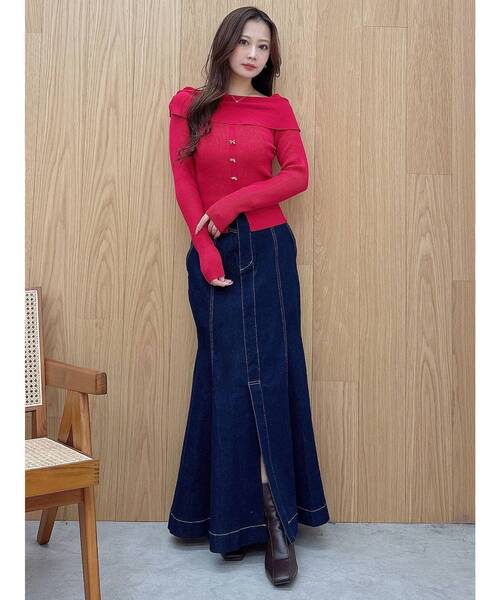 MERCURYDUO（マーキュリーデュオ）の「2WAYオフショルリボンボタンニット（ニット/セーター・レディース・ブラック/オフホワイト/レッド・FREE）」の10枚目の写真