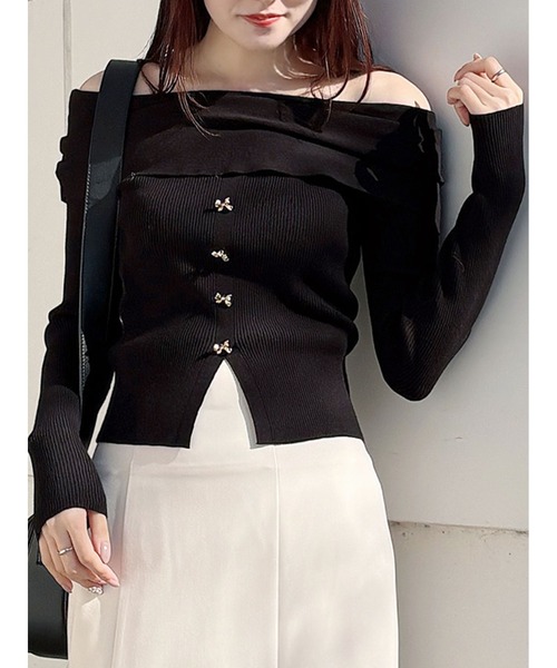 MERCURYDUO（マーキュリーデュオ）の「2WAYオフショルリボンボタンニット（ニット/セーター・レディース・ブラック/オフホワイト/レッド・FREE）」の7枚目の写真