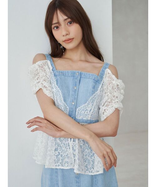 MERCURYDUO(マーキュリーデュオ)の「レース切替デニムスカート【セットアップ着用可】(スカート・レディース・ブラック/ライトブルー・MEDIUM/SMALL)」の4枚目の写真