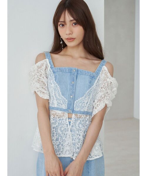MERCURYDUO(マーキュリーデュオ)の「レース切替デニムスカート【セットアップ着用可】(スカート・レディース・ブラック/ライトブルー・MEDIUM/SMALL)」の5枚目の写真