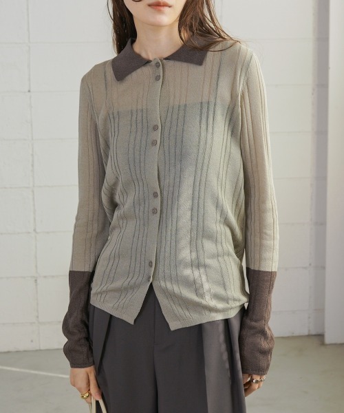 Bab（バブ）の「サマーニット襟付きカーディガン（カーディガン/ボレロ・レディース・ベージュ/チャコールグレー・FREE）」の3枚目の写真