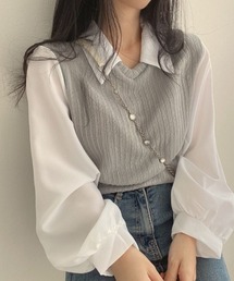 異素材ドッキングえり付きトップス