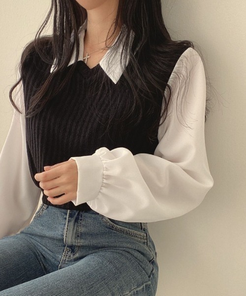 LETee(レティー)の「異素材ドッキングえり付きトップス(シャツ/ブラウス・レディース・ライトグレー/ブラック/アイボリー・FREE)」の1枚目の写真