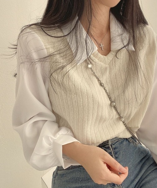 LETee(レティー)の「異素材ドッキングえり付きトップス(シャツ/ブラウス・レディース・ライトグレー/ブラック/アイボリー・FREE)」の8枚目の写真