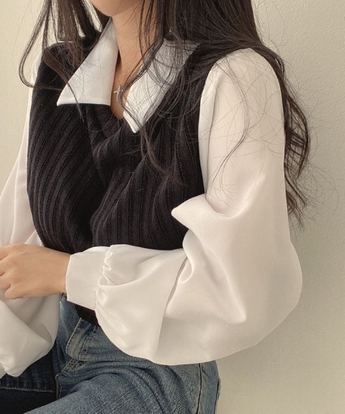LETee(レティー)の「異素材ドッキングえり付きトップス(シャツ/ブラウス・レディース・ライトグレー/ブラック/アイボリー・FREE)」の10枚目の写真