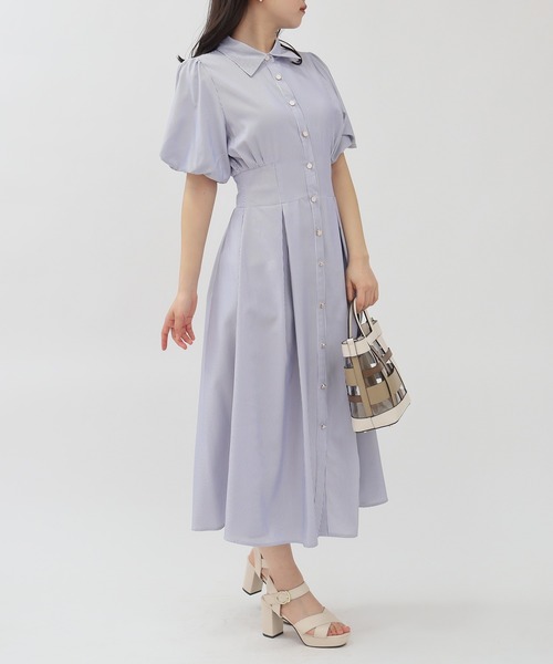 TRUDEA（トルディア）の「バルーンスリーブシャツワンピース（ワンピース・レディース・ネイビー/ホワイト×ブルー/ピンクベージュ/ブラウン・MEDIUM/LARGE）」の8枚目の写真