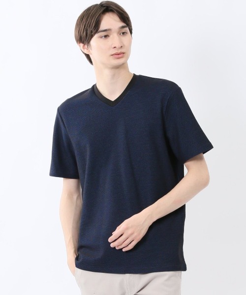 m.f.editorial(エムエフエディトリアル)の「【綿混】m.f.エディトリアル メンズ メランジ 裏ボーダー Vネック 半袖 Tシャツ(Tシャツ/カットソー・メンズ・ネイビー/アイボリー/ターコイズブルー・MEDIUM/LARGE/X-LARGE)」の1枚目の写真