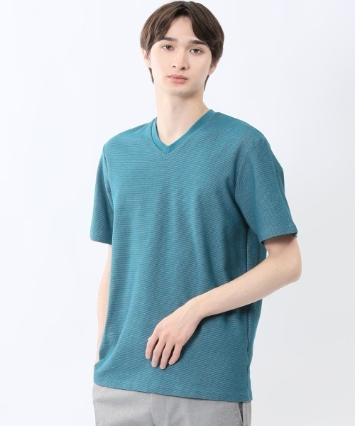 m.f.editorial(エムエフエディトリアル)の「【綿混】m.f.エディトリアル メンズ メランジ 裏ボーダー Vネック 半袖 Tシャツ(Tシャツ/カットソー・メンズ・ネイビー/アイボリー/ターコイズブルー・MEDIUM/LARGE/X-LARGE)」の3枚目の写真
