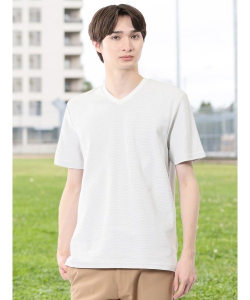 m.f.editorial(エムエフエディトリアル)の「【綿混】m.f.エディトリアル メンズ メランジ 裏ボーダー Vネック 半袖 Tシャツ(Tシャツ/カットソー・メンズ・ネイビー/アイボリー/ターコイズブルー・MEDIUM/LARGE/X-LARGE)」の2枚目の写真
