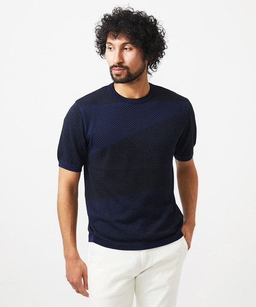 MICHEL KLEIN HOMME   （ミッシェルクランオム）の「ダイアゴナル柄クルーネック半袖ニット（ニット/セーター・メンズ・ライトグレー/ネイビー・MEDIUM/LARGE/X-LARGE）」の7枚目の写真