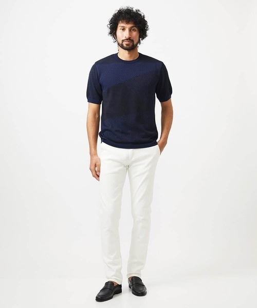 MICHEL KLEIN HOMME   （ミッシェルクランオム）の「ダイアゴナル柄クルーネック半袖ニット（ニット/セーター・メンズ・ライトグレー/ネイビー・MEDIUM/LARGE/X-LARGE）」の5枚目の写真
